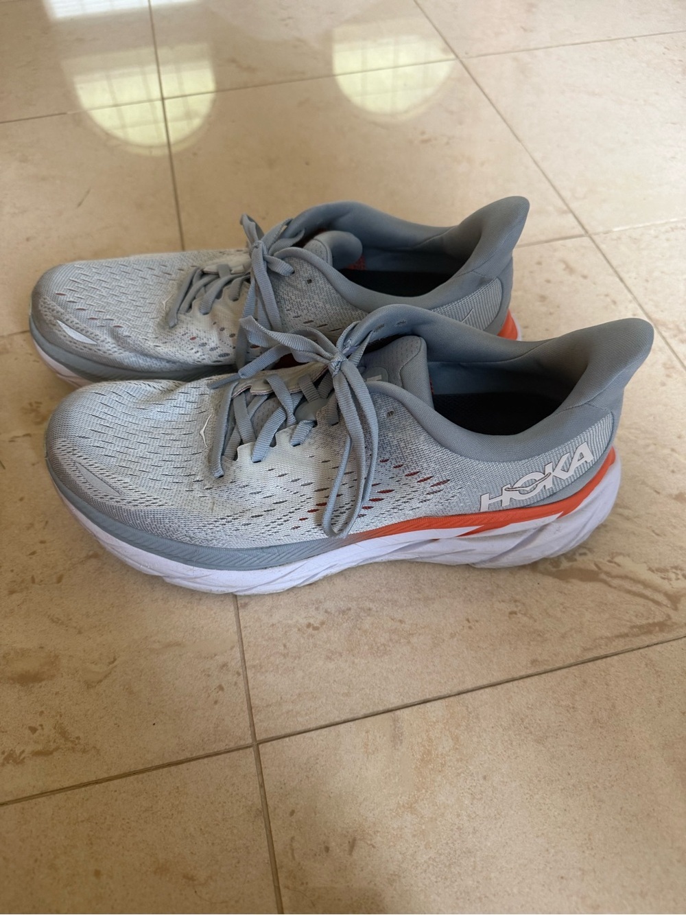 Hoka Clifton 8 Light Blue and Orange Running Sneakers